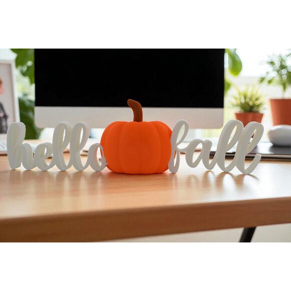 Hello Fall Pumpkin Sign 3D Printed PLA Autumn Tabletop/Desk Decor 10.5” Wide - Picture 1 of 3
